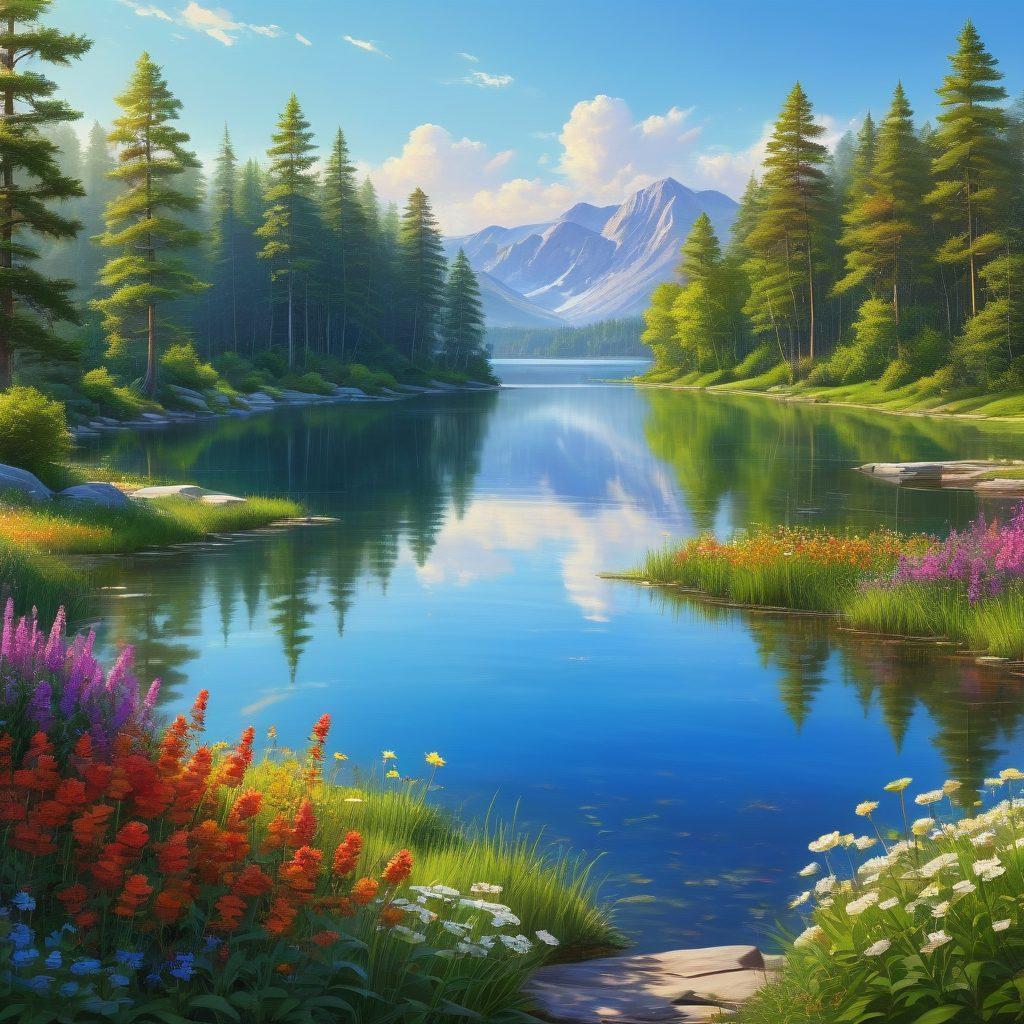 A vibrant landscape showcasing an array of natural colors, featuring lush greenery, blooming flowers, and a serene lake reflecting the sky. Artistic tools like paintbrushes and a palette are integrated into the scene, symbolizing creativity and innovation. A subtle representation of renewable energy, like wind turbines or solar panels, can be seen in the background, emphasizing sustainability. The overall mood should be uplifting and inspiring. super-realistic. vibrant colors. nature-inspired.