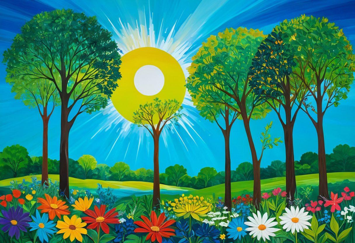 A vibrant, lush green canvas filled with abstract representations of climate justice, showcasing recycled materials artistically arranged to form nature-inspired shapes like trees and flowers. Bright blue skies and a radiant sun in the background emphasize hope and renewal. Diverse artists collaborating together, painting with eco-friendly colors, surrounded by nature. super-realistic. vibrant colors. dynamic composition.